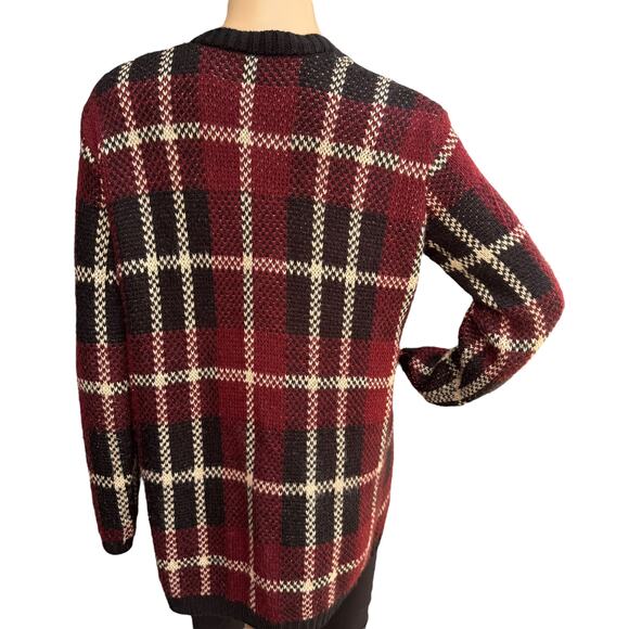 Forever 21 L Plaid Cardigan Open Front Long Sweater Red Black Cream Grunge - Picture 4 of 5